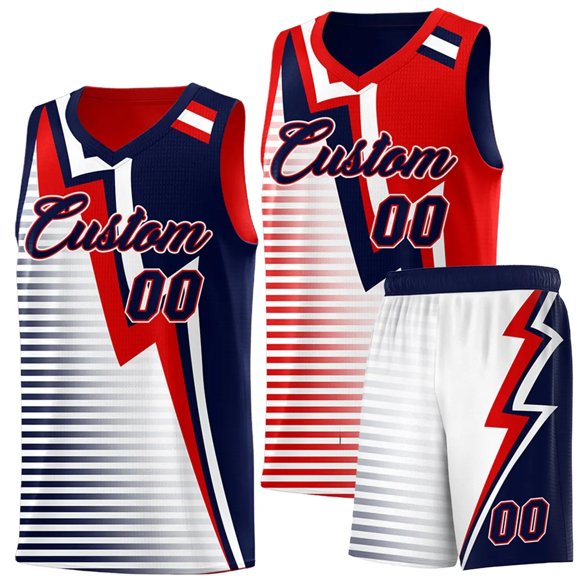 Navy Red White Gradient Lightning Stripe Reversible Basketball Jersey Sets