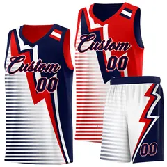 Navy Red White Gradient Lightning Stripe Reversible Basketball Jersey Sets 1