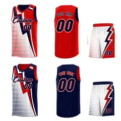 Navy Red White Gradient Lightning Stripe Reversible Basketball Jersey Sets 2