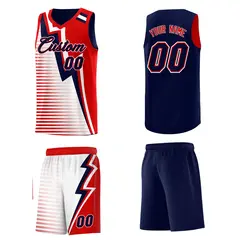 Navy Red White Gradient Lightning Stripe Reversible Basketball Jersey Sets 5
