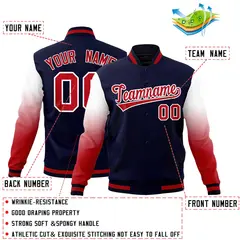 Navy Red White Gradient Raglan Full-Snap Letterman Jacket 2
