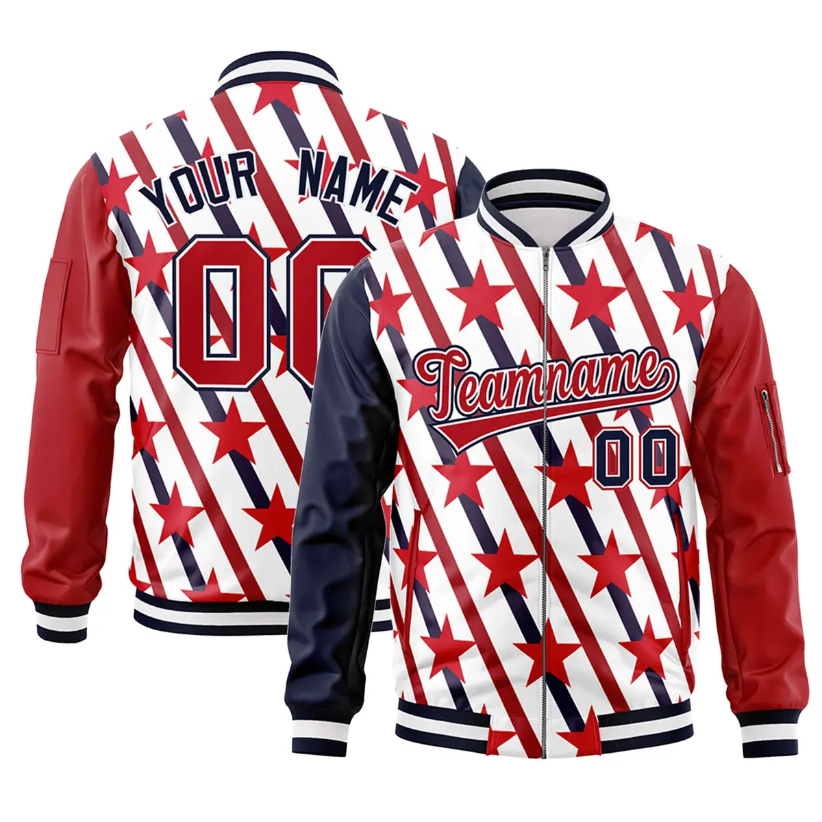 Navy Red-White Graffiti Pattern Full-Zip Letterman Bomber Jacket