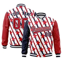 Navy Red-White Graffiti Pattern Full-Zip Letterman Bomber Jacket