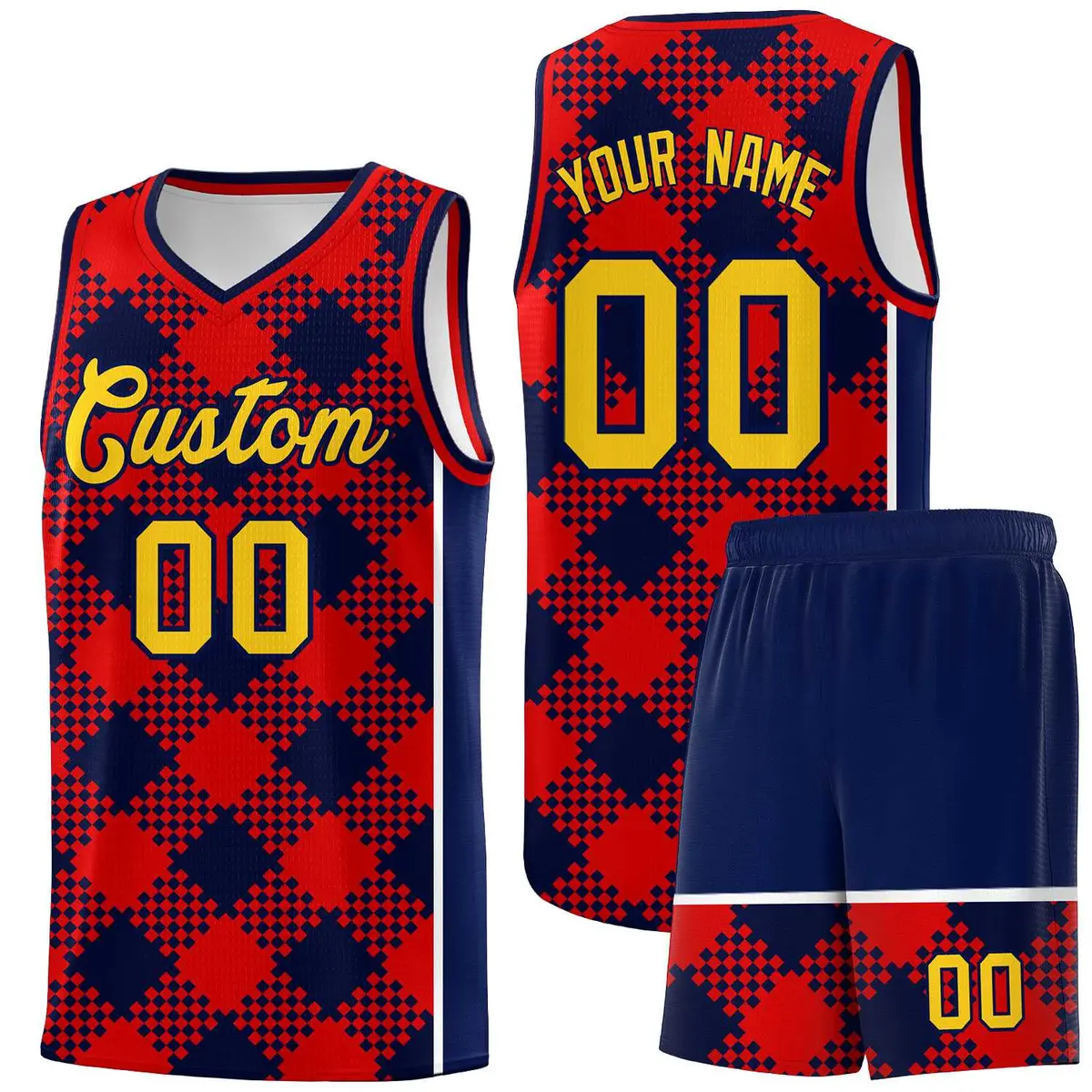 Navy Red-White Grid Basketball Kits For Team