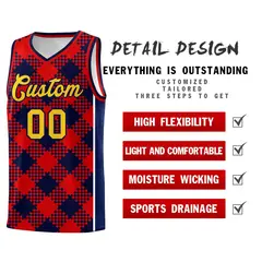 Navy Red-White Grid Basketball Kits For Team 2