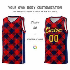 Navy Red-White Grid Basketball Kits For Team 3