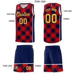 Navy Red-White Grid Basketball Kits For Team 5