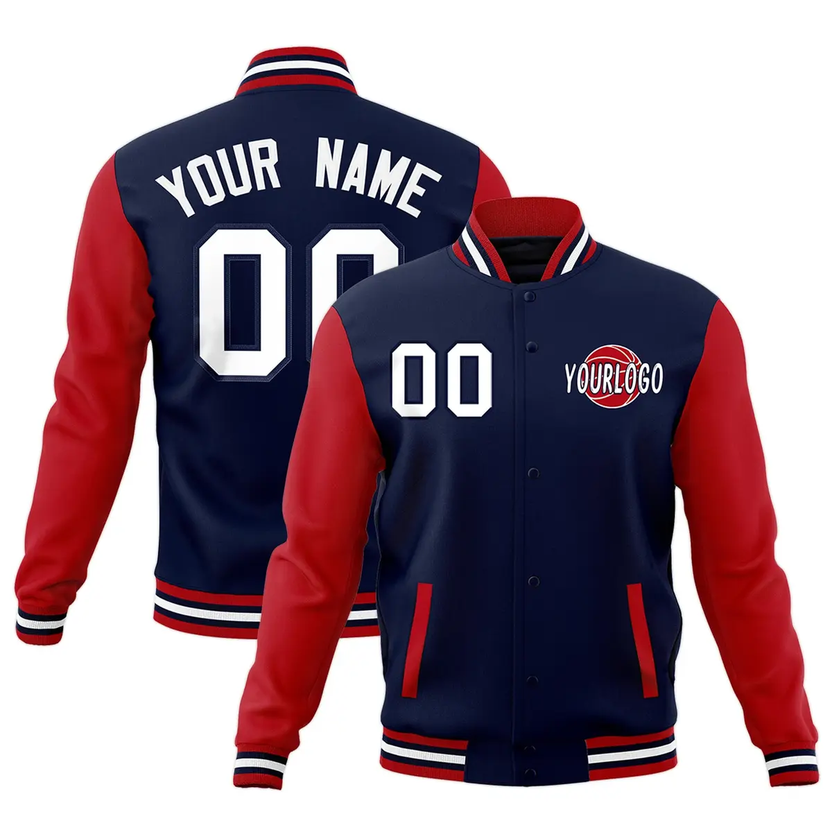 Navy Red White Raglan Sleeve Cotton Letterman Jacket