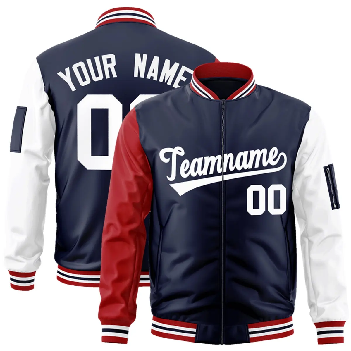 Navy Red-White Raglan Sleeves Letterman Bomber Jacket
