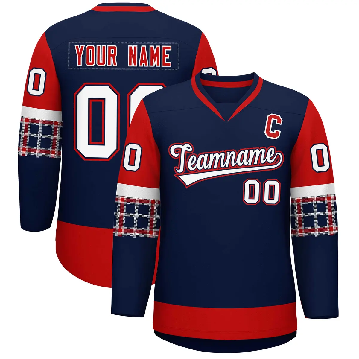 Navy Red-White Raglan Sleeves V-Neck Hockey Jersey