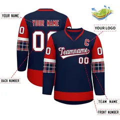 Navy Red-White Raglan Sleeves V-Neck Hockey Jersey 2