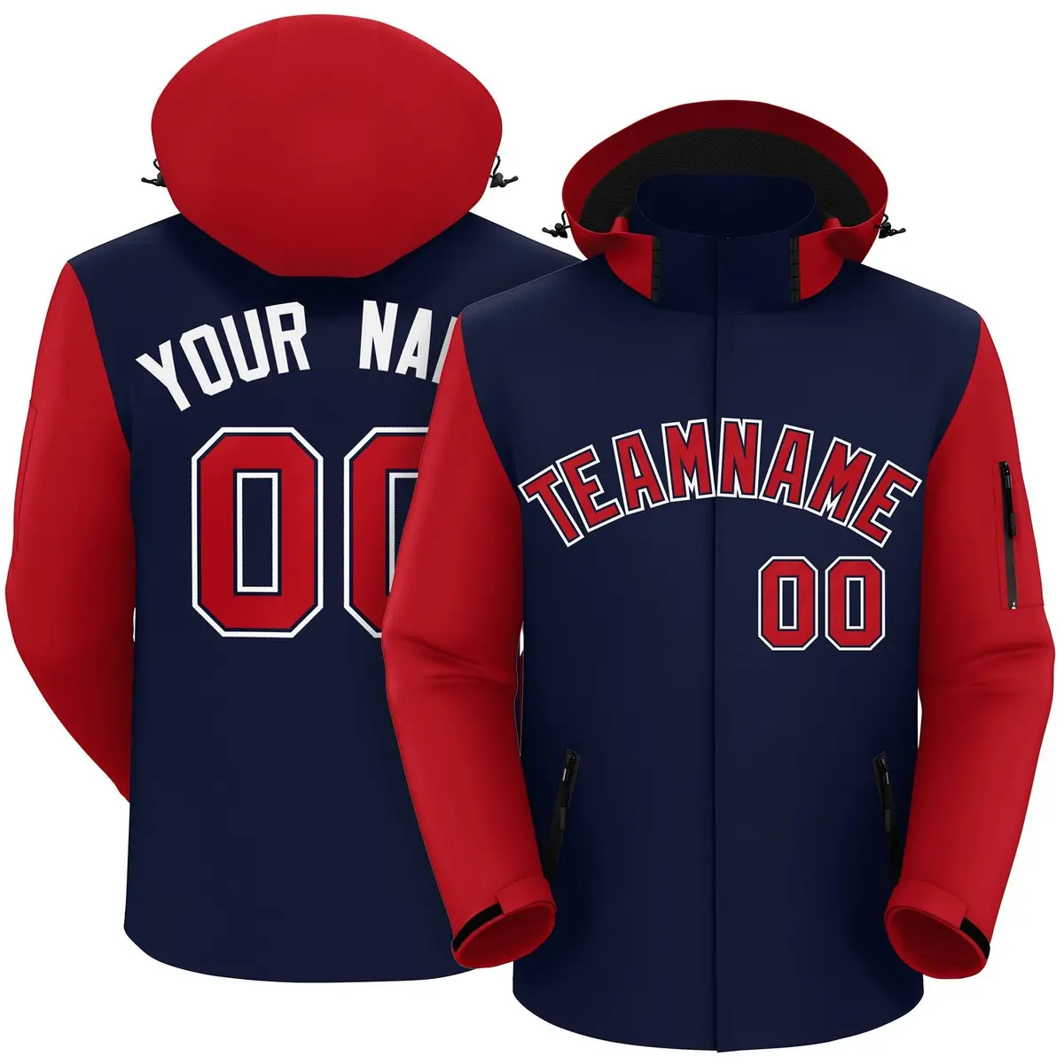 Navy Red-White Raglan Sleeves Waterproof Jacket