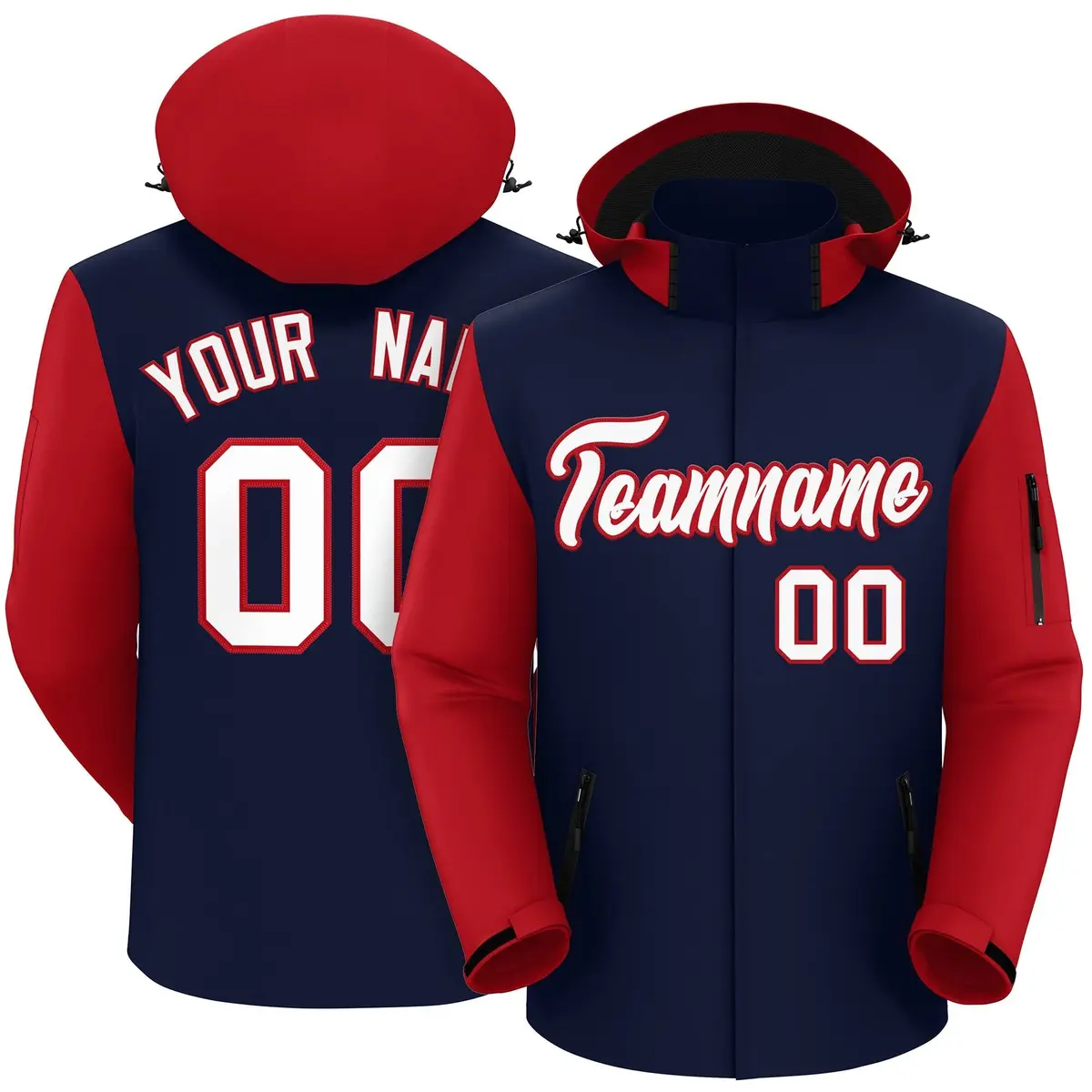 Navy Red-White Raglan Sleeves Waterproof Jacket