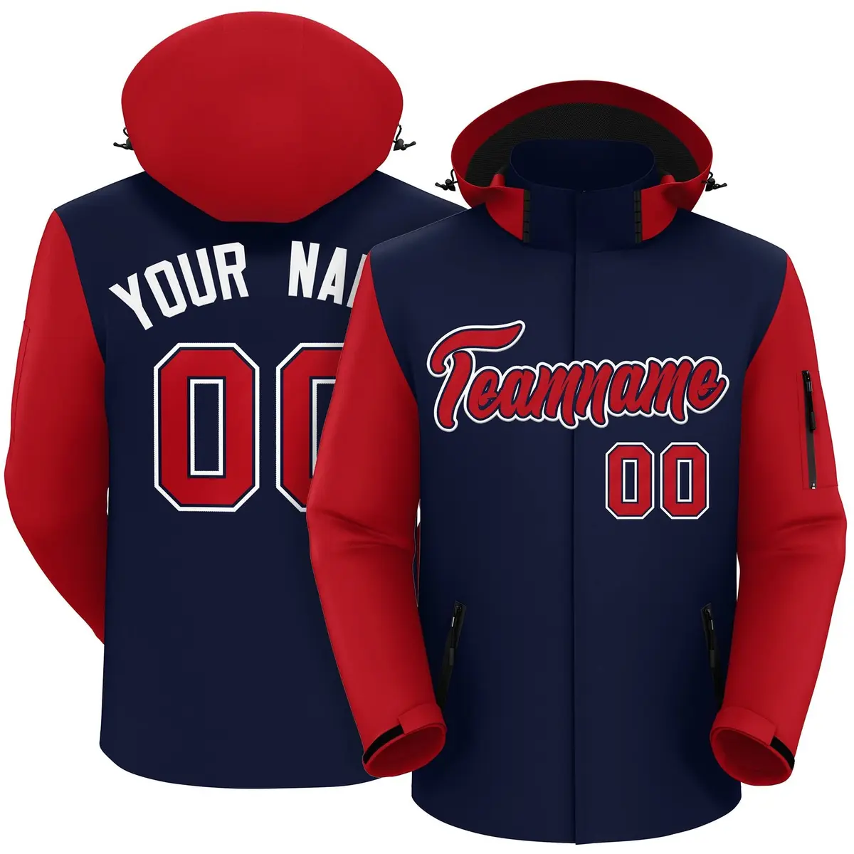 Navy Red-White Raglan Sleeves Waterproof Jacket