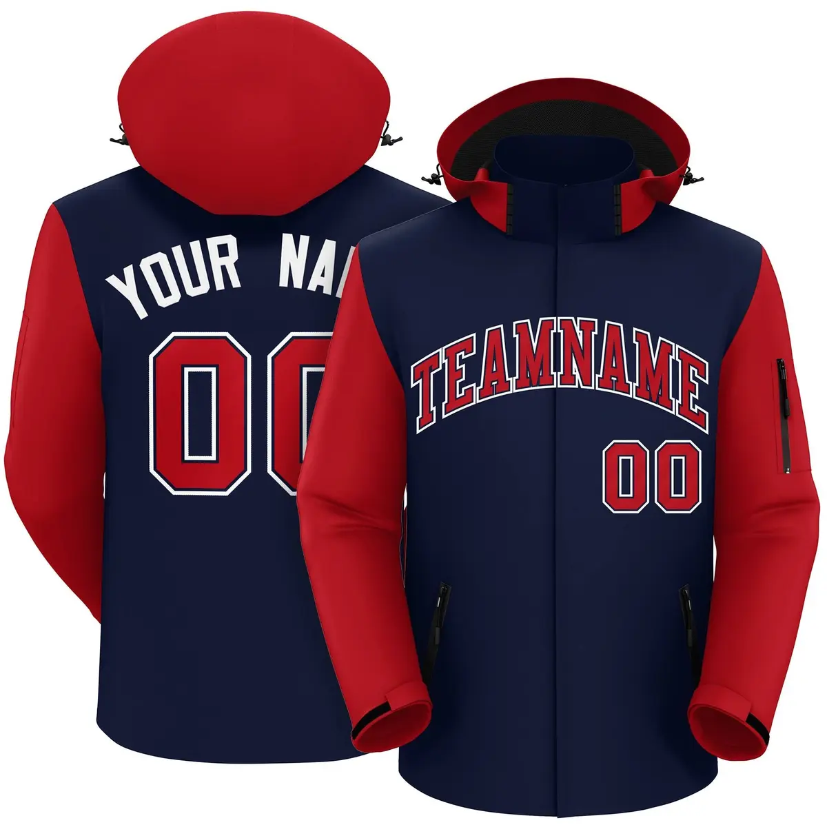 Navy Red-White Raglan Sleeves Waterproof Jacket