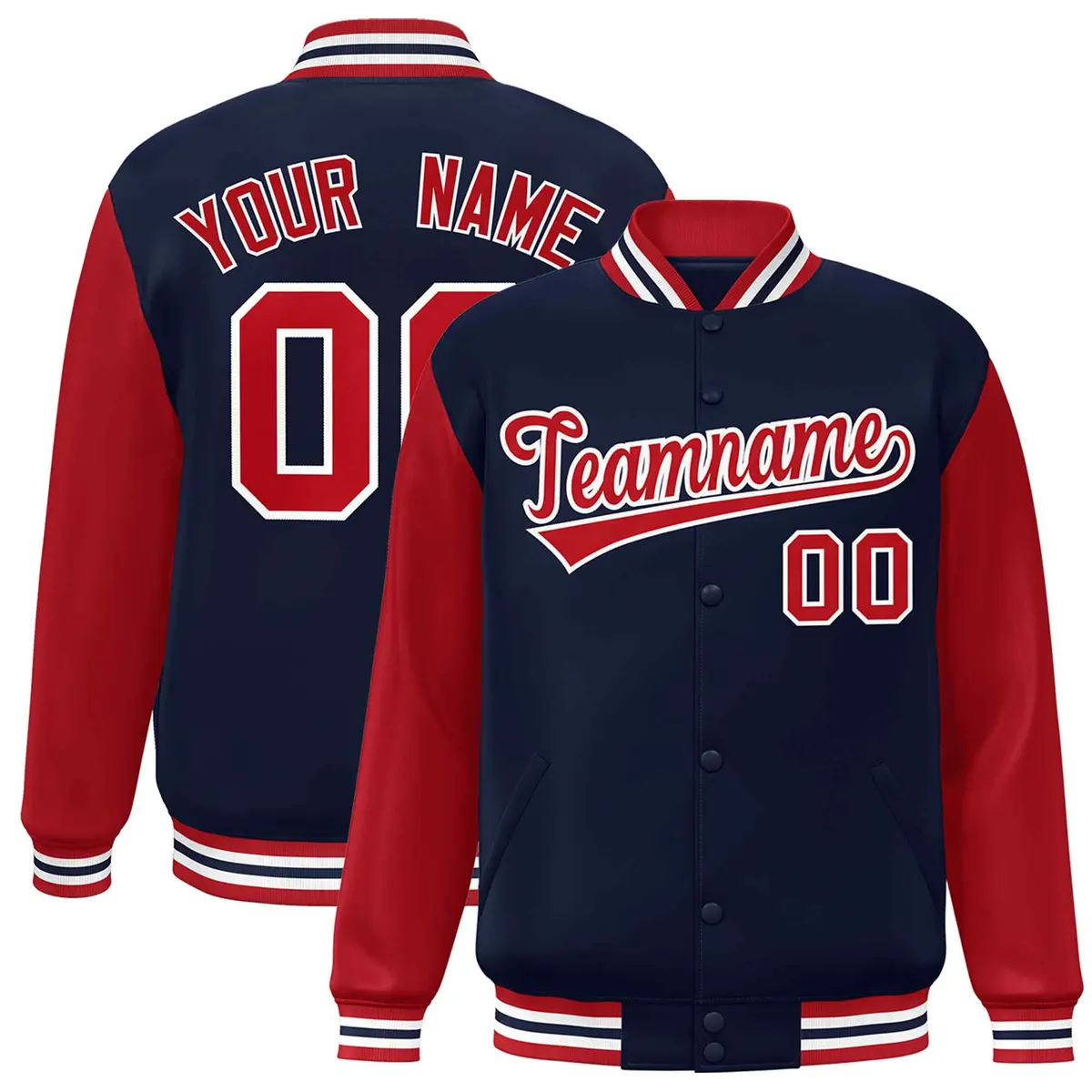 Navy Red-White Raglan Varsity Full-Snap Letterman Jacket