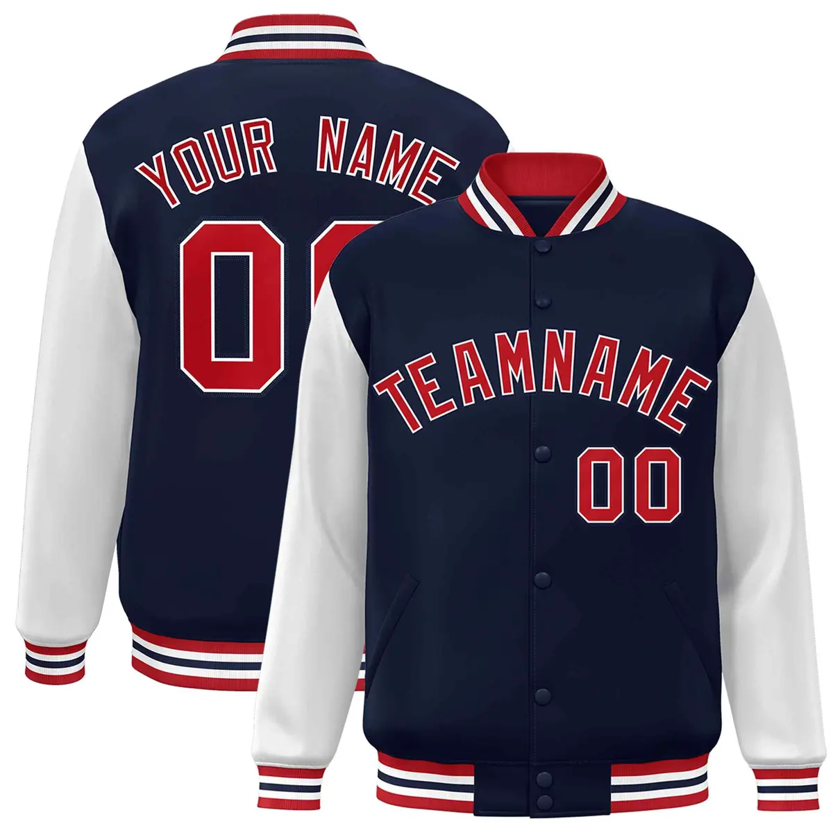 Navy Red-White Raglan Varsity Full-Snap Letterman Jacket