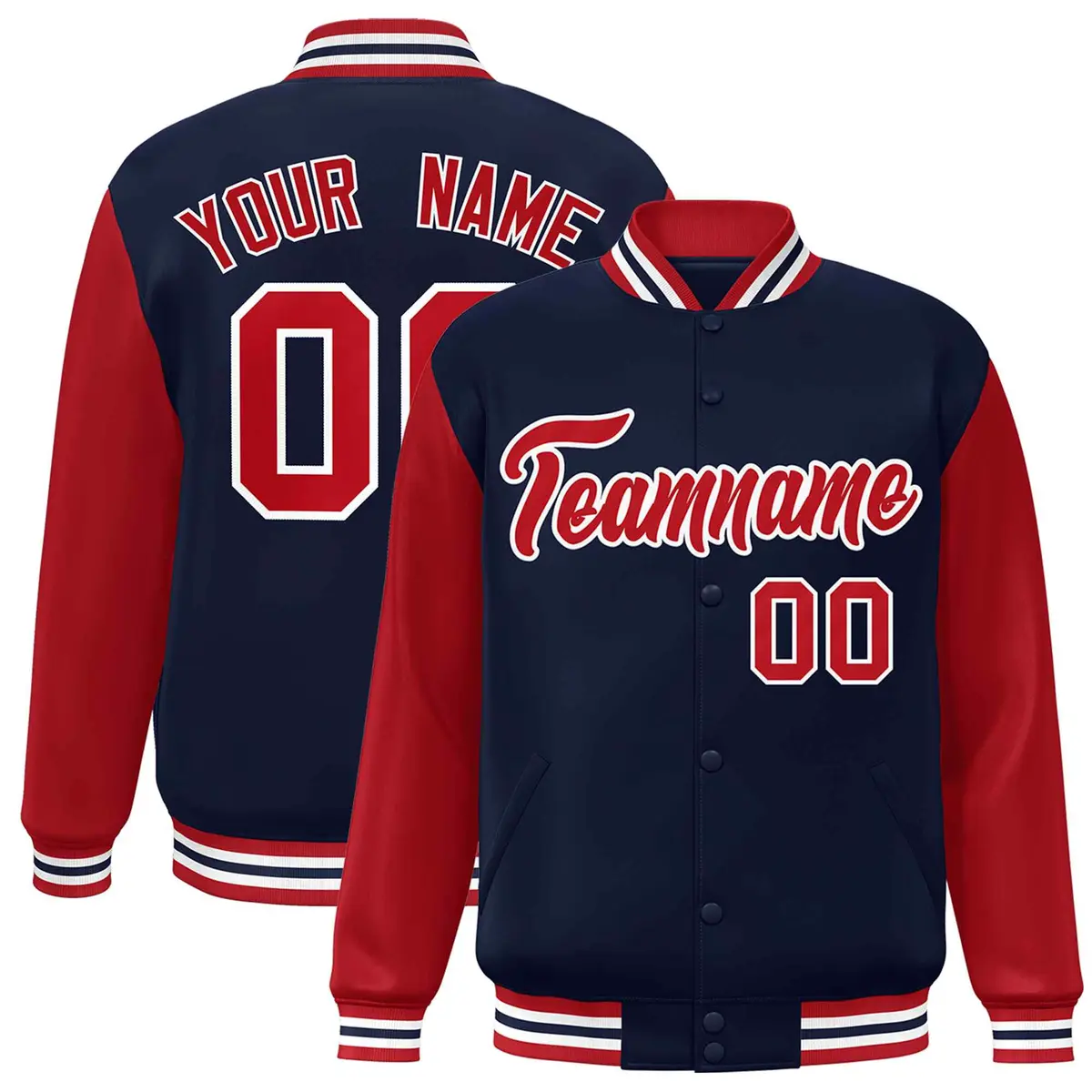 Navy Red-White Raglan Varsity Full-Snap Letterman Jacket