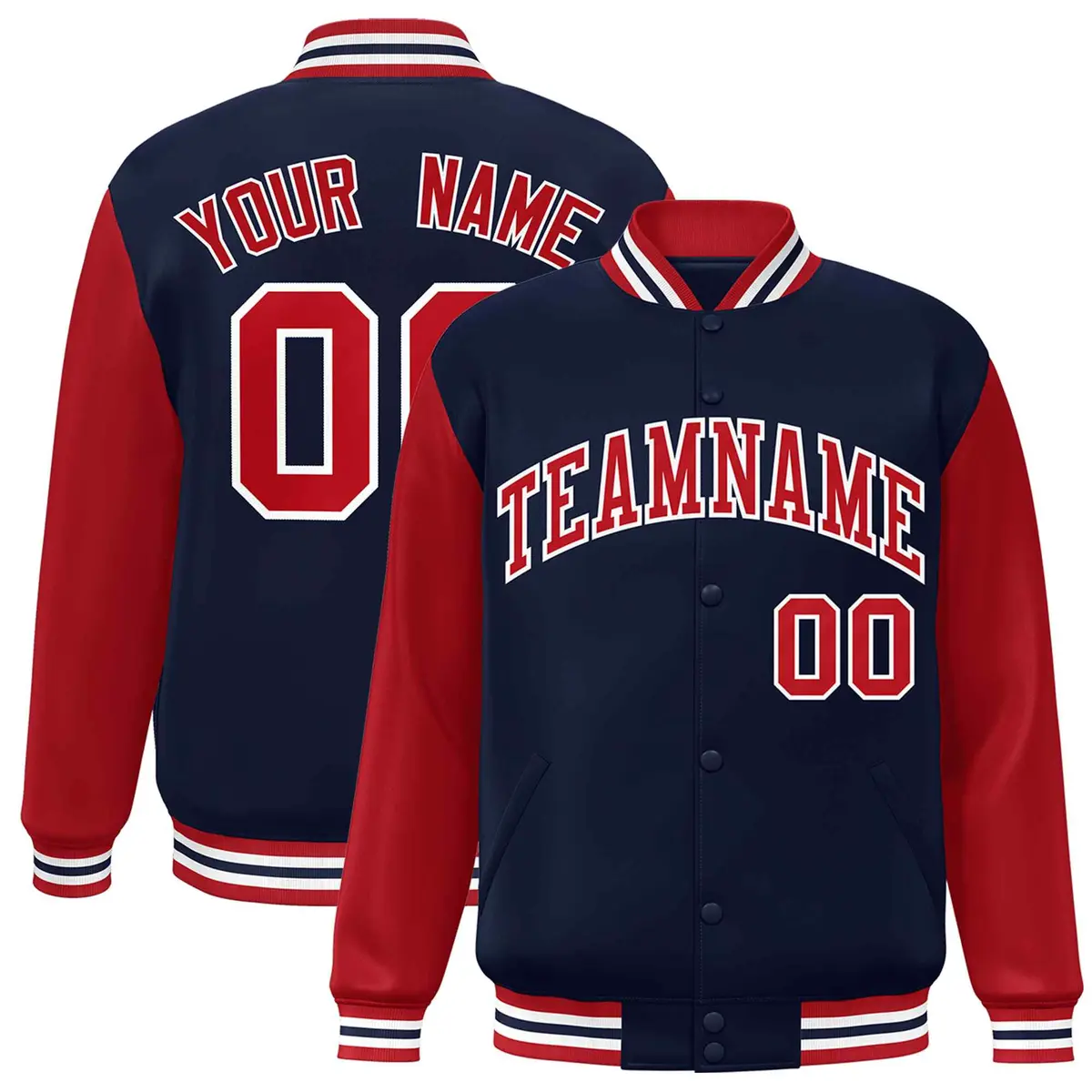 Navy Red-White Raglan Varsity Full-Snap Letterman Jacket