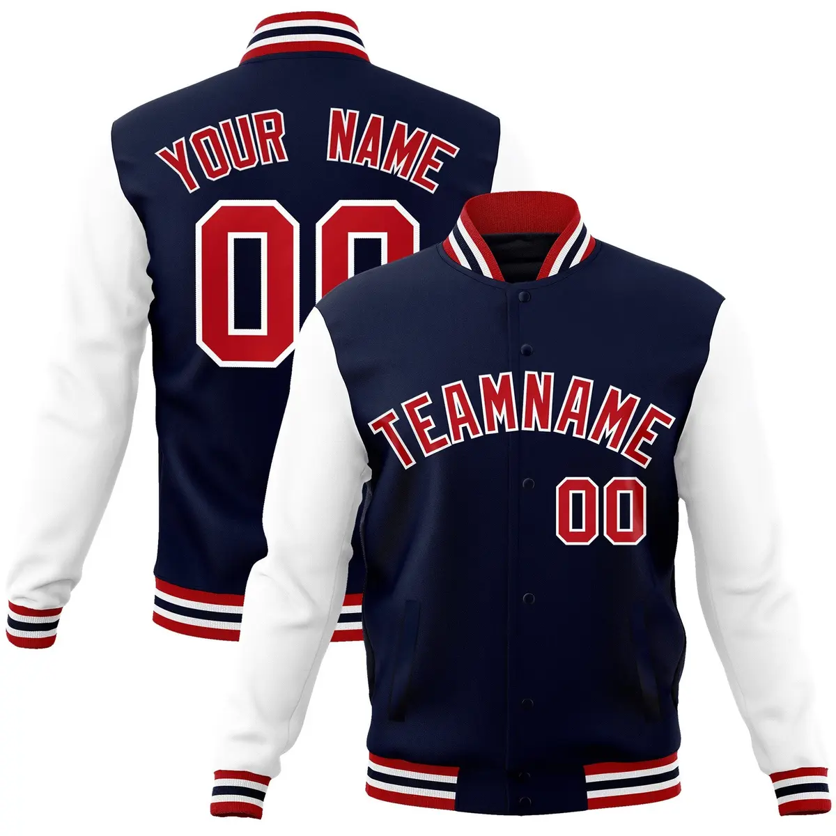 Navy Red-White Raglan Varsity Full-Snap Letterman Jacket