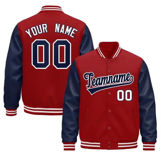 Navy Red White Raglan Varsity Full-Snap Letterman Jacket