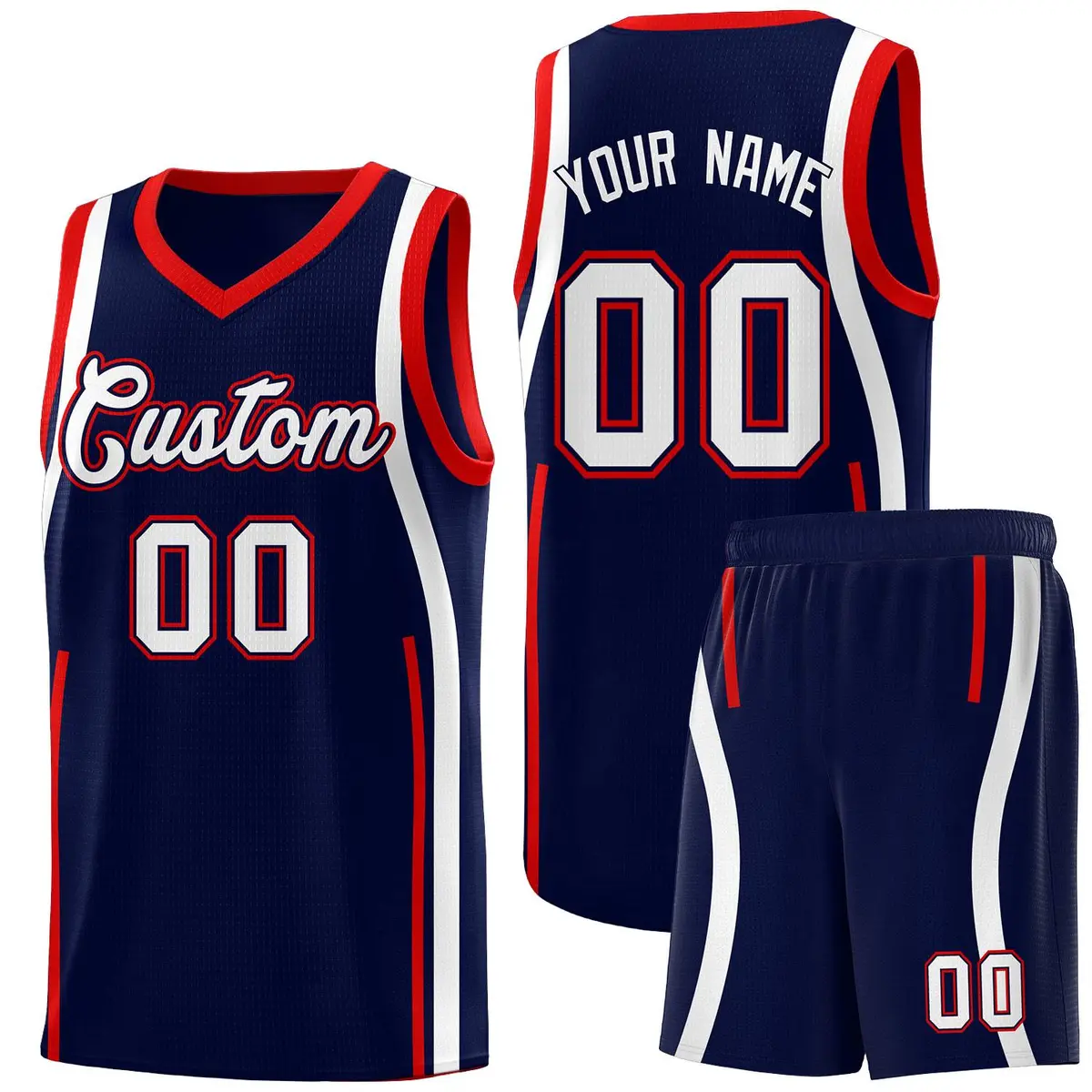 Navy Red-White Ribbon Pattern Basketball Kits