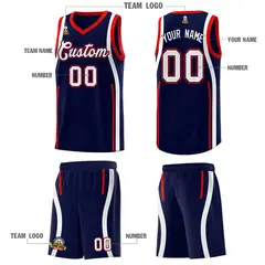 Navy Red-White Ribbon Pattern Basketball Kits 5