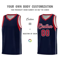 Navy Red-White Sleeve Color Block Classic Basketball Jersey 3