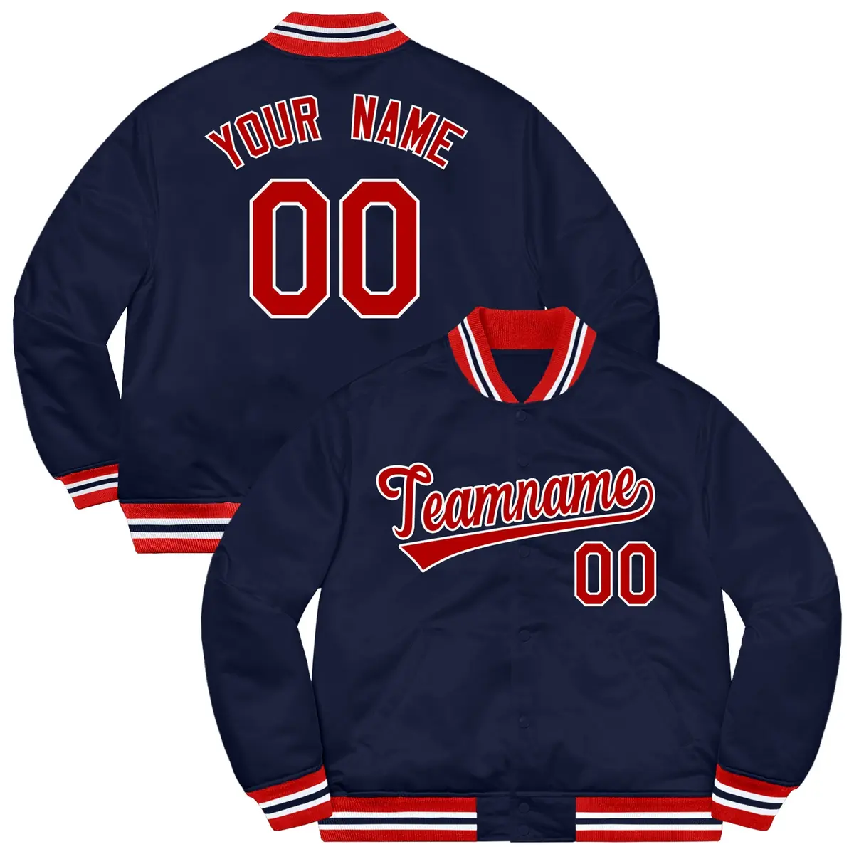 Navy Red-White Solid Full-Snap Varsity Letterman Jacket