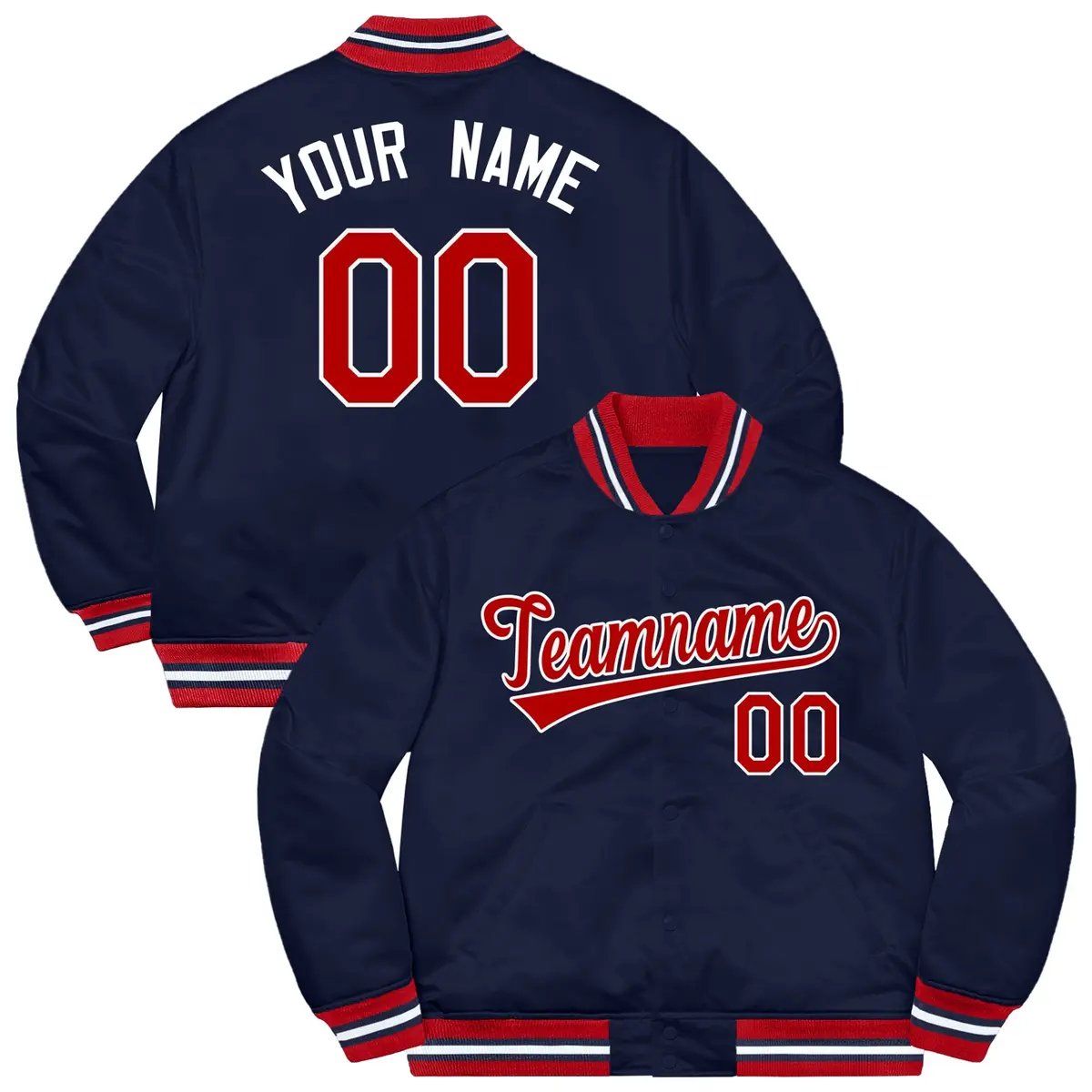 Navy Red-White Solid Full-Snap Varsity Letterman Jacket