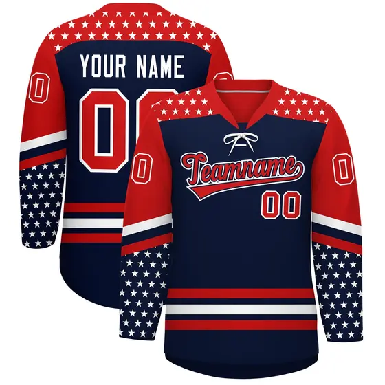 Navy Red White Star Series Lace-Up Neck Hockey Jersey