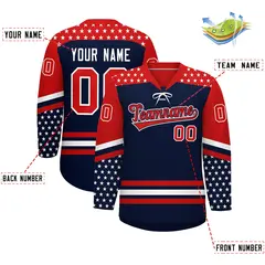 Navy Red White Star Series Lace-Up Neck Hockey Jersey 2