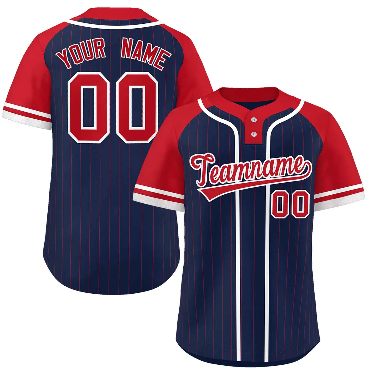 Navy Red-White Stripe Raglan Two-Button Softball Jersey