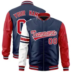 Navy Red-White Stripe Raglan Varsity Full-Zip Letterman Bomber Jacket