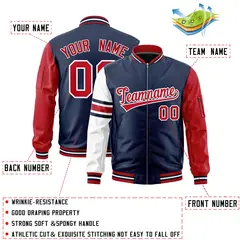 Navy Red-White Stripe Raglan Varsity Full-Zip Letterman Bomber Jacket 2