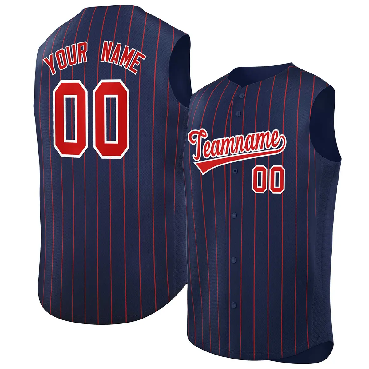 Navy Red-White Striped Sleeveless Fashion Baseball Jersey