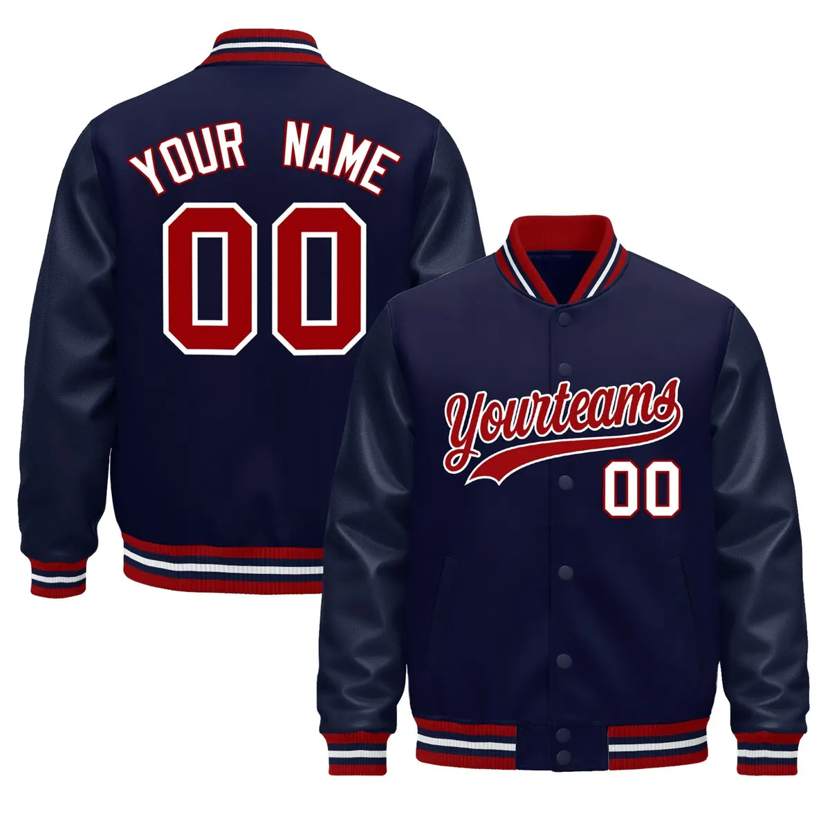 Navy Red White Varsity Jacket Leather Sleeves Wrinkle-Resistant