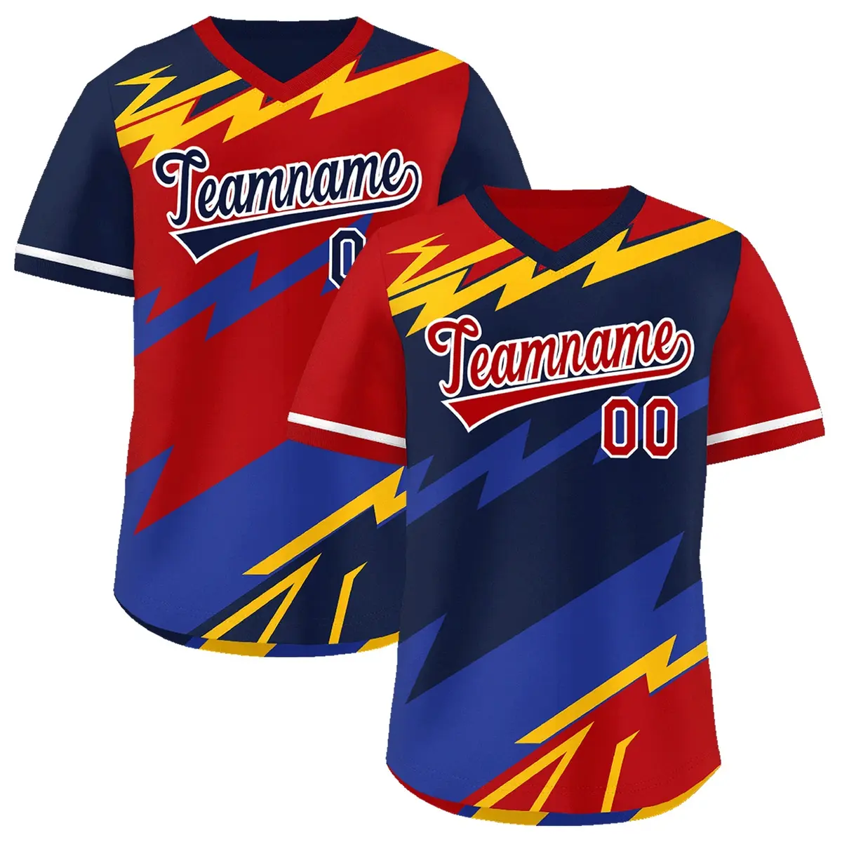 Navy Red Yellow Reversible Baseball Jersey Lightning & Graffiti Pullover V-Neck