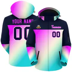 Navy Rose Red-Sky Blue Gradient Hooded Waterproof Jacket
