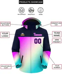 Navy Rose Red-Sky Blue Gradient Hooded Waterproof Jacket 2