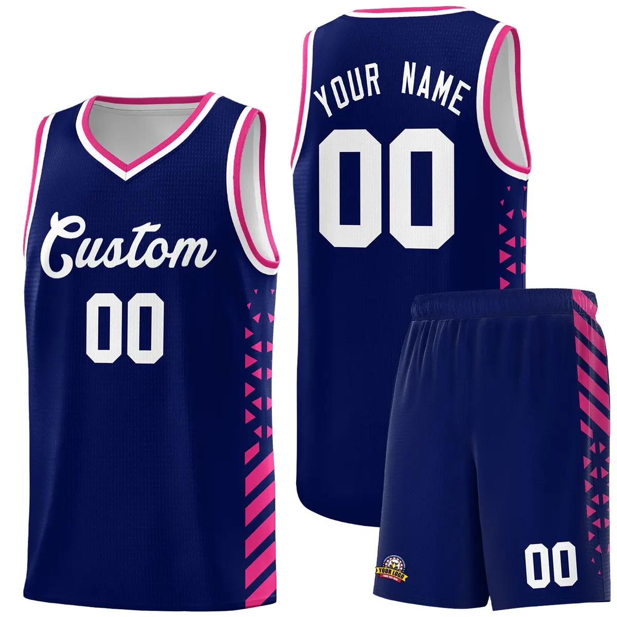 Navy Rose Red White Side Diamond Shapes Striped Basketball Jersey