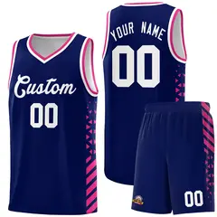 Navy Rose Red White Side Diamond Shapes Striped Basketball Jersey