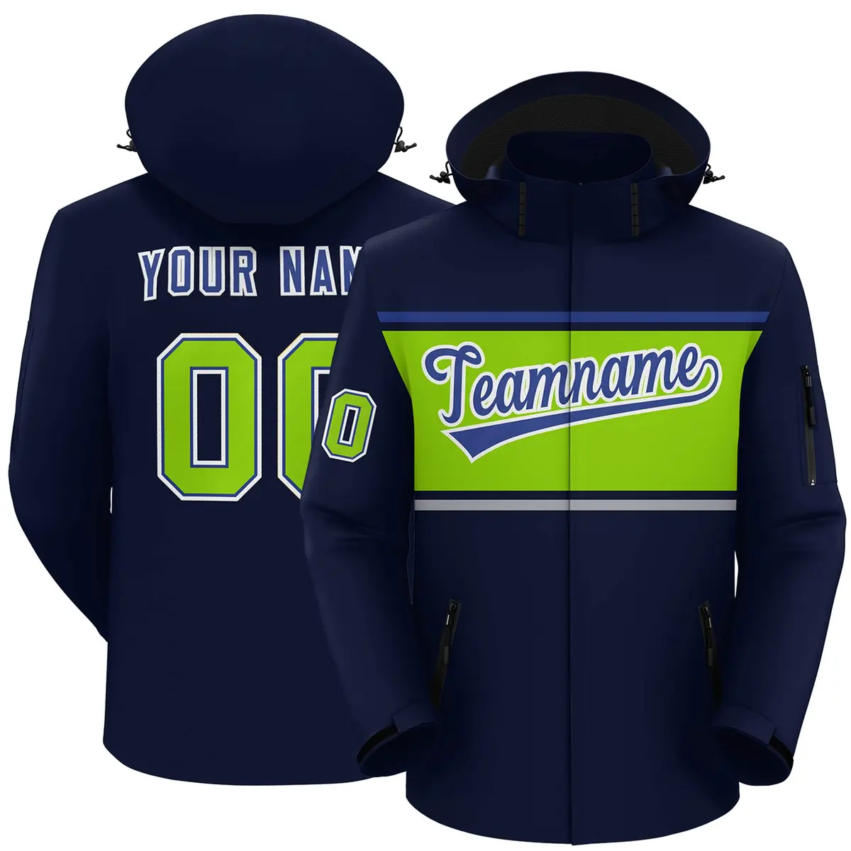 Navy Royal-Neon Green Color Block Hooded Waterproof Jacket