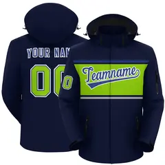 Navy Royal-Neon Green Color Block Hooded Waterproof Jacket 1