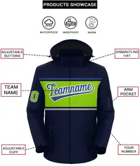 Navy Royal-Neon Green Color Block Hooded Waterproof Jacket 2