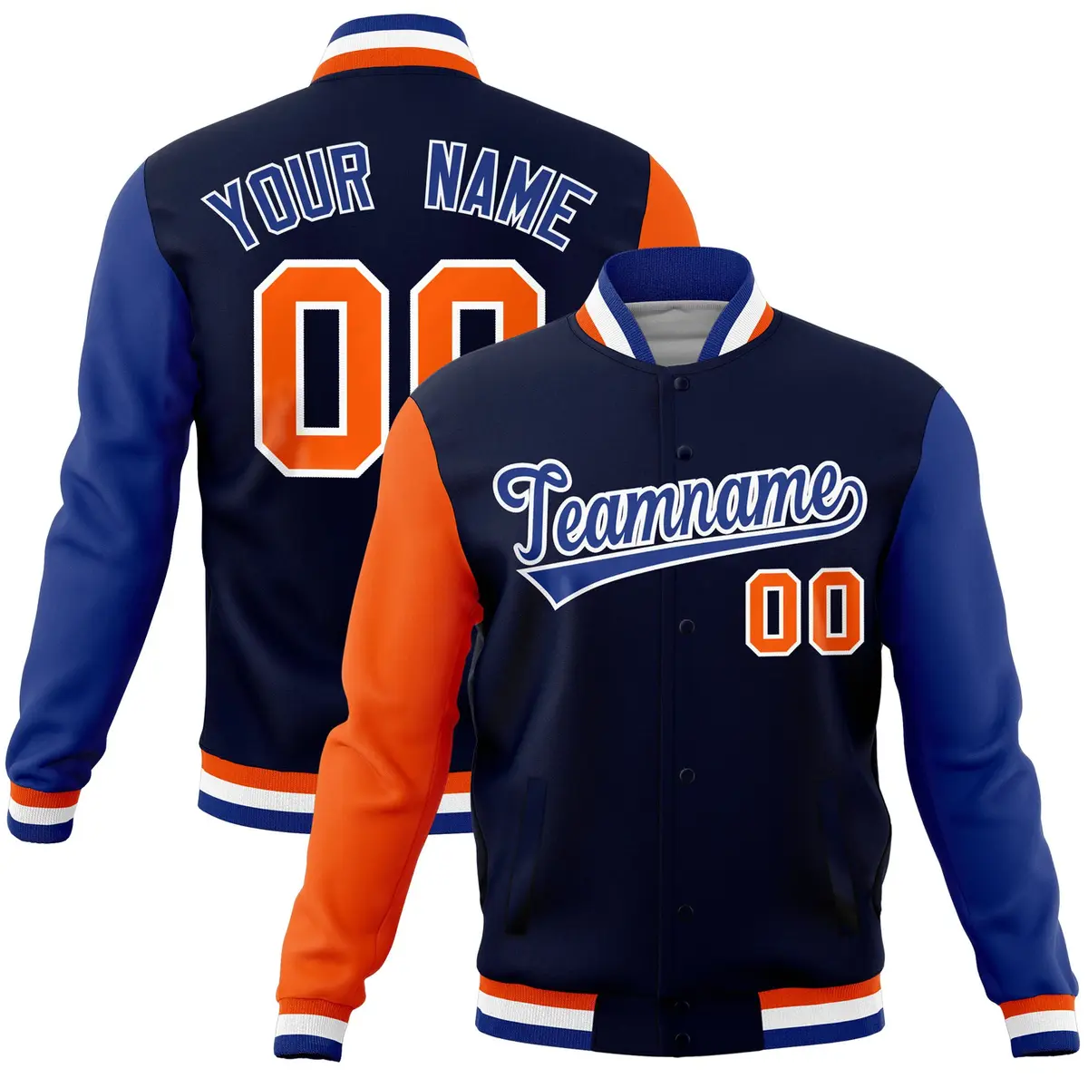 Navy Royal-Orange Raglan Full-Snap Varsity Letterman Jacket