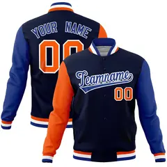 Navy Royal-Orange Raglan Full-Snap Varsity Letterman Jacket