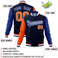 Navy Royal-Orange Raglan Full-Snap Varsity Letterman Jacket 4