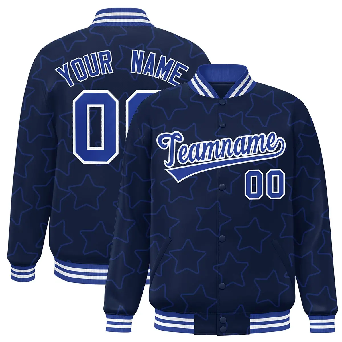 Navy Royal Star Pattern Varsity Full-Snap Letterman Baseball Jacket