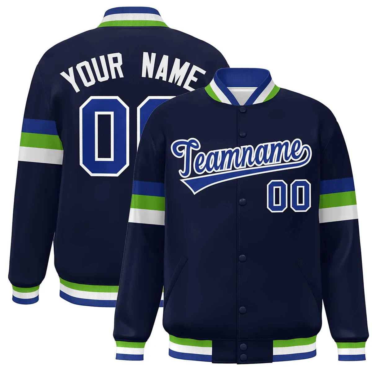 Navy Royal-White Color Block Varsity Full-Snap Baseball Jacket